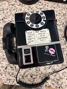 Novelty Black Patent Phone Crossbody Bag with Pink Lip Graphic